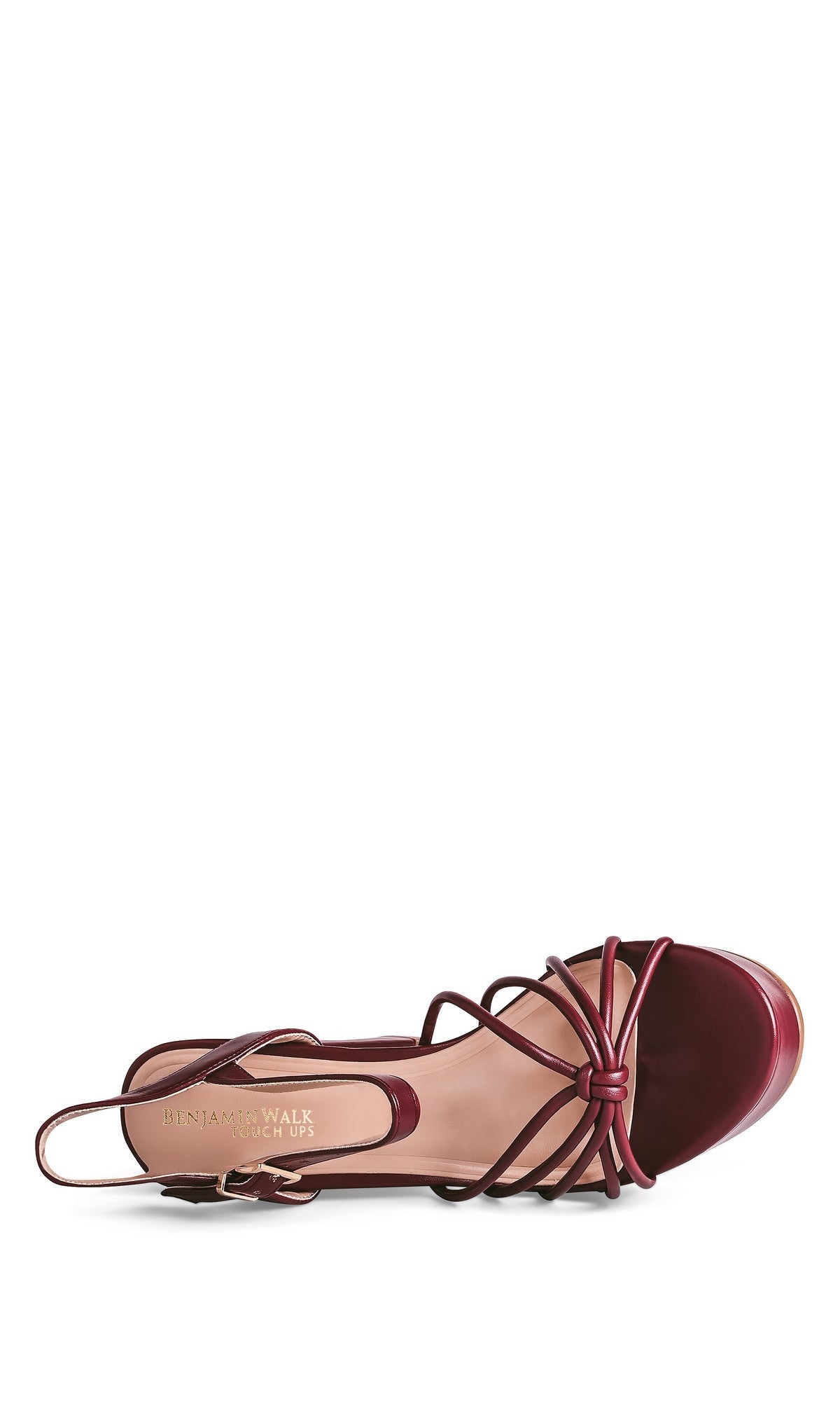 The Tiara Dark Red Prom Shoes: Touch Ups 4762 is a single burgundy open-toe sandal with strappy detailing, a slingback strap, and a chic block heel—perfect for prom—shown from above.